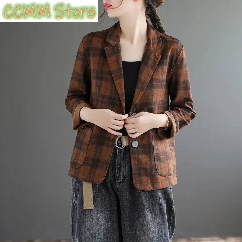 Fashion Lapel Button Pockets Printed Plaid Blazers Women Clothing Autumn New Loose Long Sleeve Casual Tops All-match Blazer