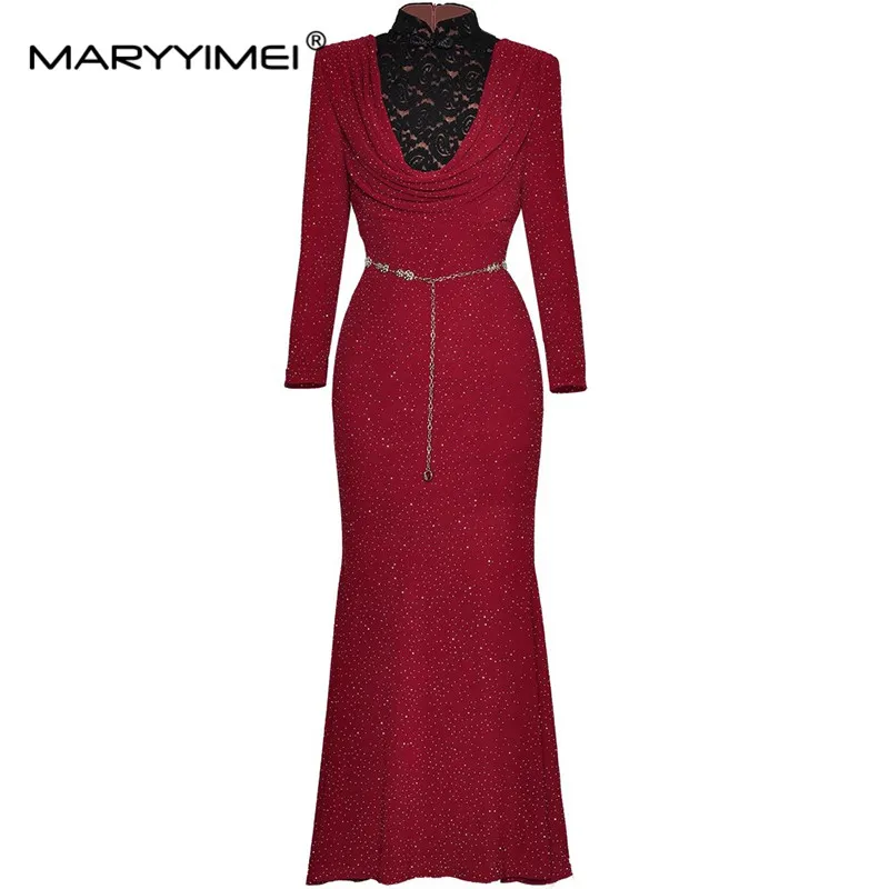 MARYYIMEI Autumn and Winter Women\'s Dress Stand collar Long-Sleeved Lace Splicing Elegant Romantic Sexy Mermaid Dresses