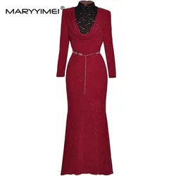 MARYYIMEI Autumn and Winter Women's Dress Stand collar Long-Sleeved Lace Splicing Elegant Romantic Sexy Mermaid Dresses