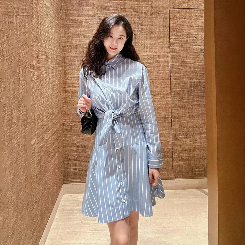 Women Blue Stripes Dress Knotted Single Breasted Turn-down Collar Long Sleeve Fashion Summer 2024 Mini Robe