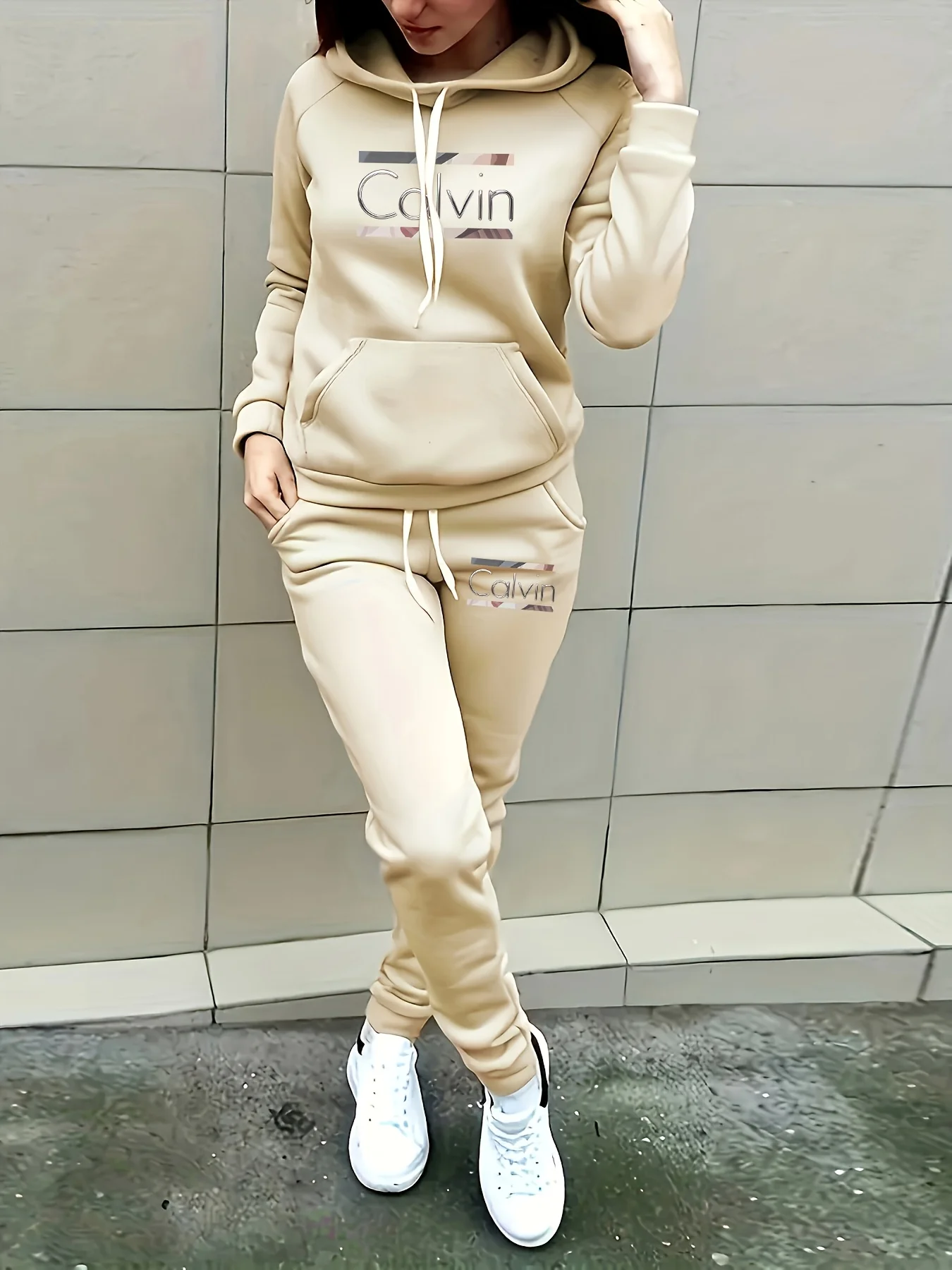 

Женская толстовка + спортивные штаны, комплект в стиле хип-хоп, уличная повседневная свободная толстовка с буквенным принтом Calvin, осенняя флисовая теплая одежда