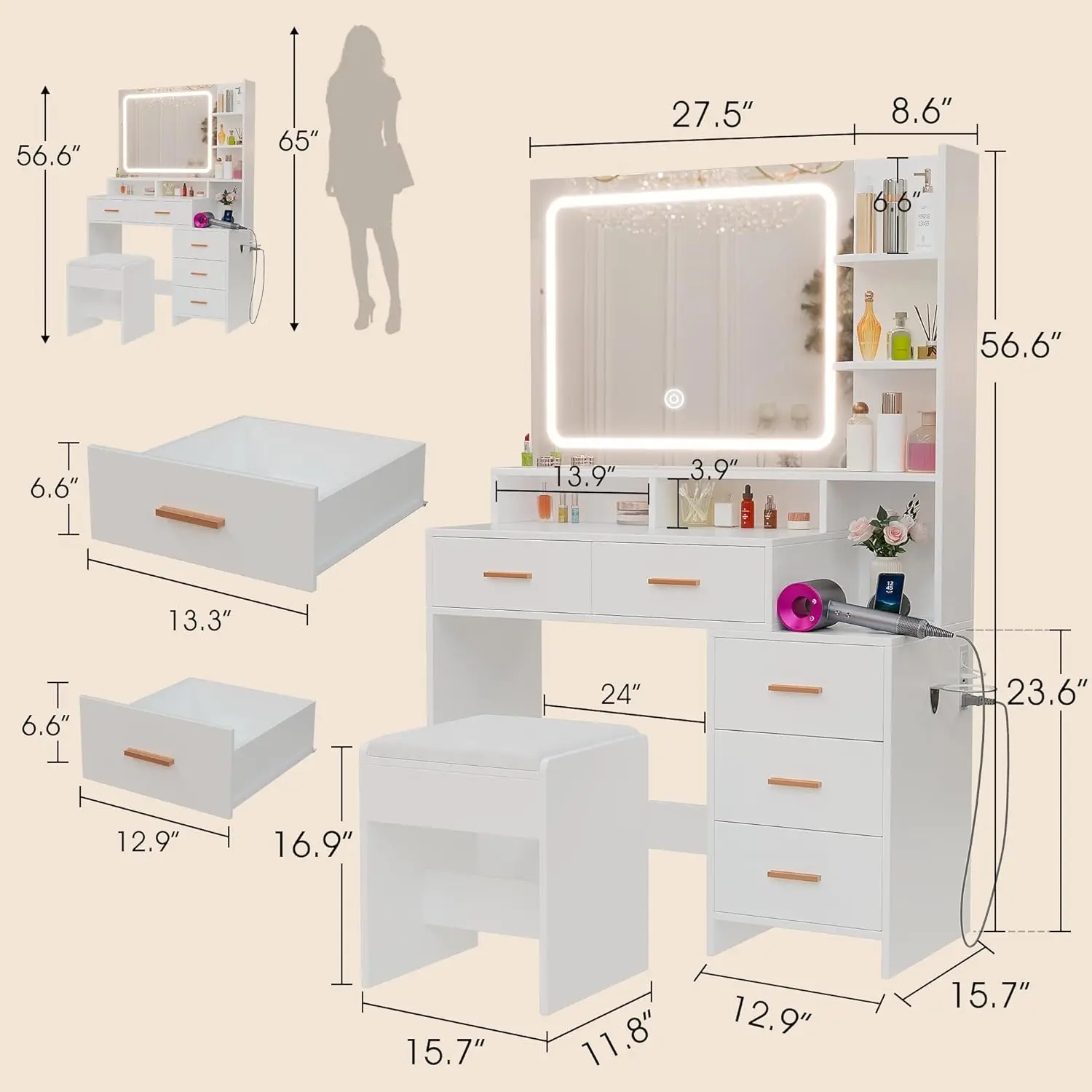 Vanity Desk Set with LED Lighted Mirror and Power Outlet,3 Color Lighting Modes with Adjustable Brightness