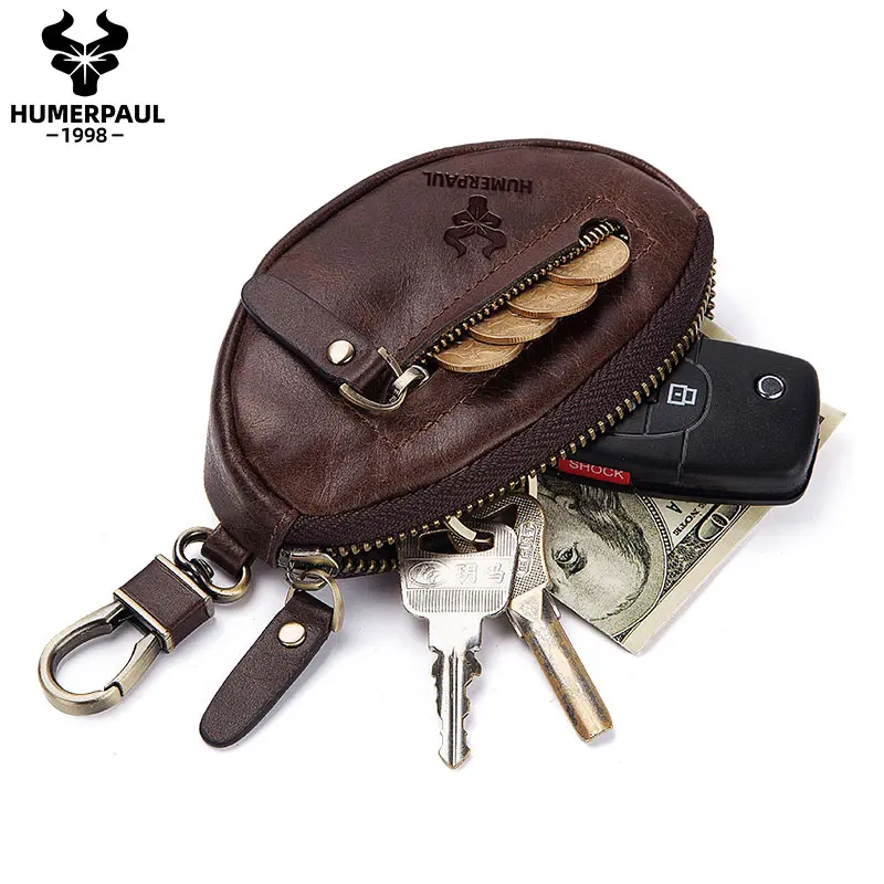 100% Genuine Leather Key Wallet Vintage Zipper Coin Purse High Quality Keychain Cover for Keys Organizer