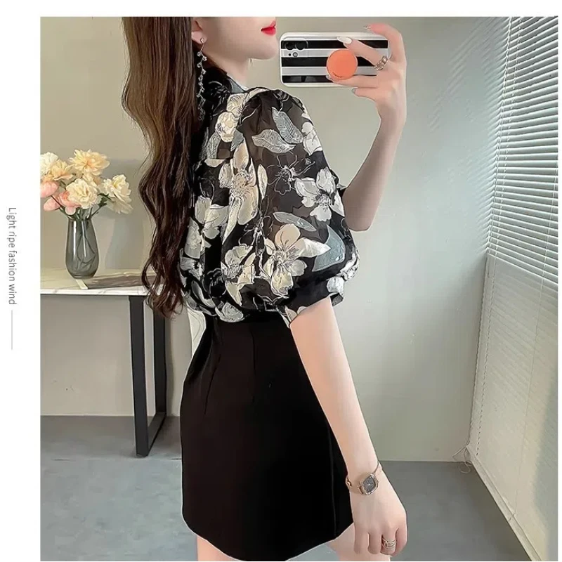 Retro Korean Summer 2024 Women\'s New Spliced Polo Neck Button Printing Embroidery Fashion Casual Puff Sleeve Blouses Shirts