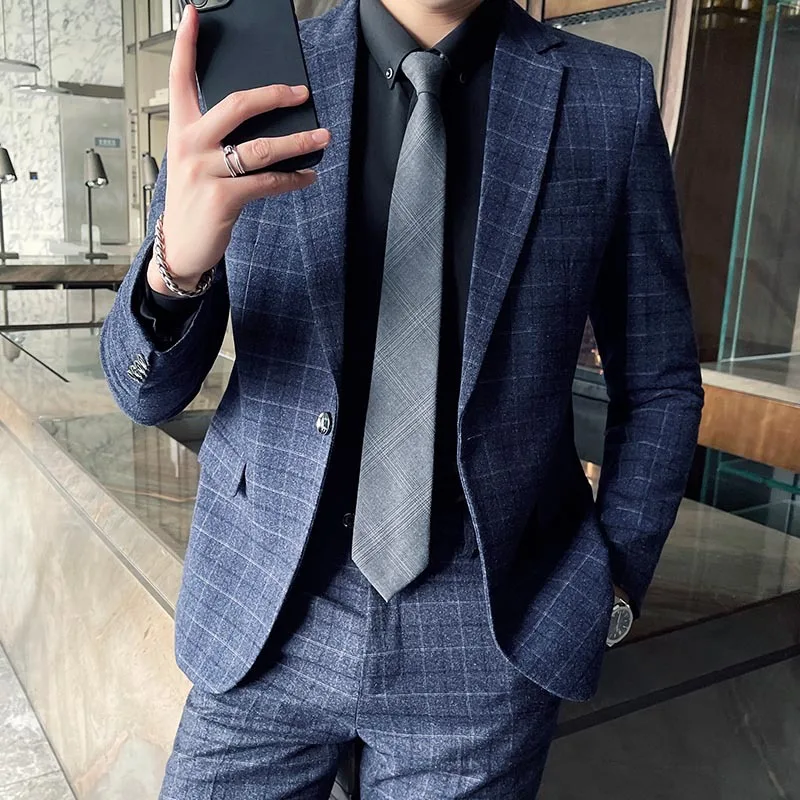 2023 Plaid Suit 3 Piece Korean Version Slim Business Casual Formal Suit Groom Wedding Dress Groomsmen Blazers Jacket Pants Vest