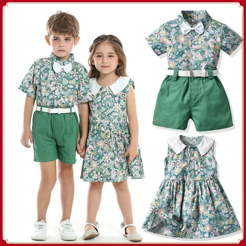 Twins Clothes for Kids Boy and Girl Floral Shirt Dress for Girls Sister and Brother Matching Outfit Wedding Birthday Photograph