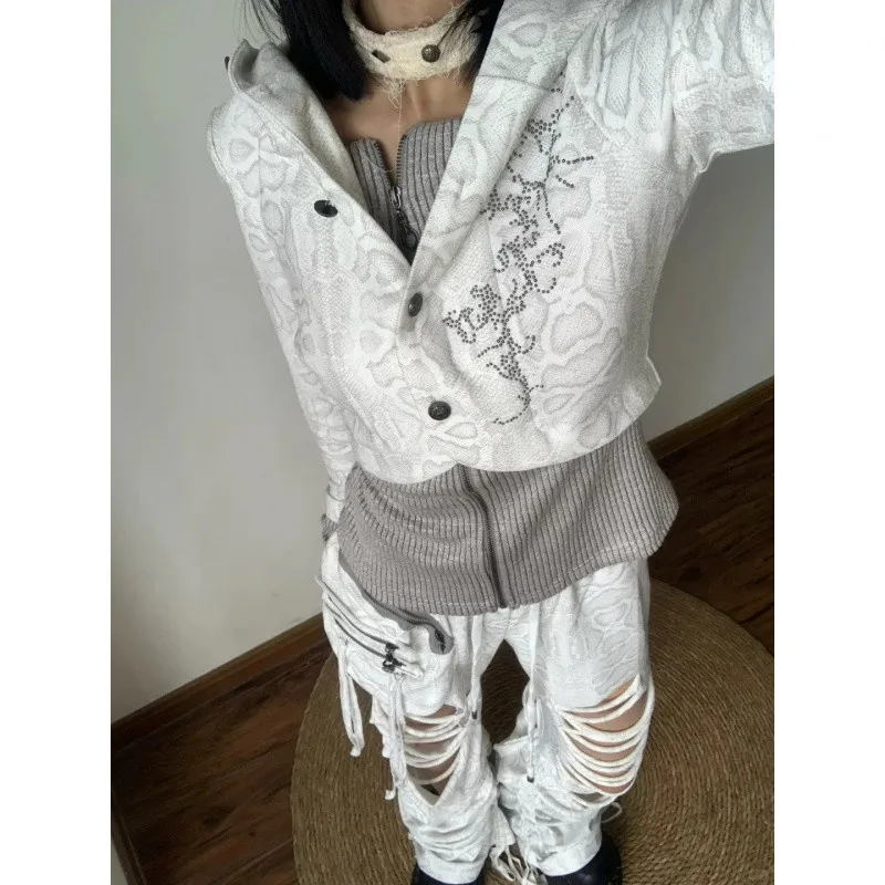 

American retro subculture spliced ​​knitted hooded sweatshirt jacket for women in summer Y2K hot girls slim short top