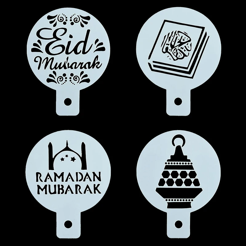 8pcs Eid Mubarak Coffee Spray Stencils Cookie Biscuit Cake Molds Coffee Letter Template Muslim Festival Party DIY Decor Supplies