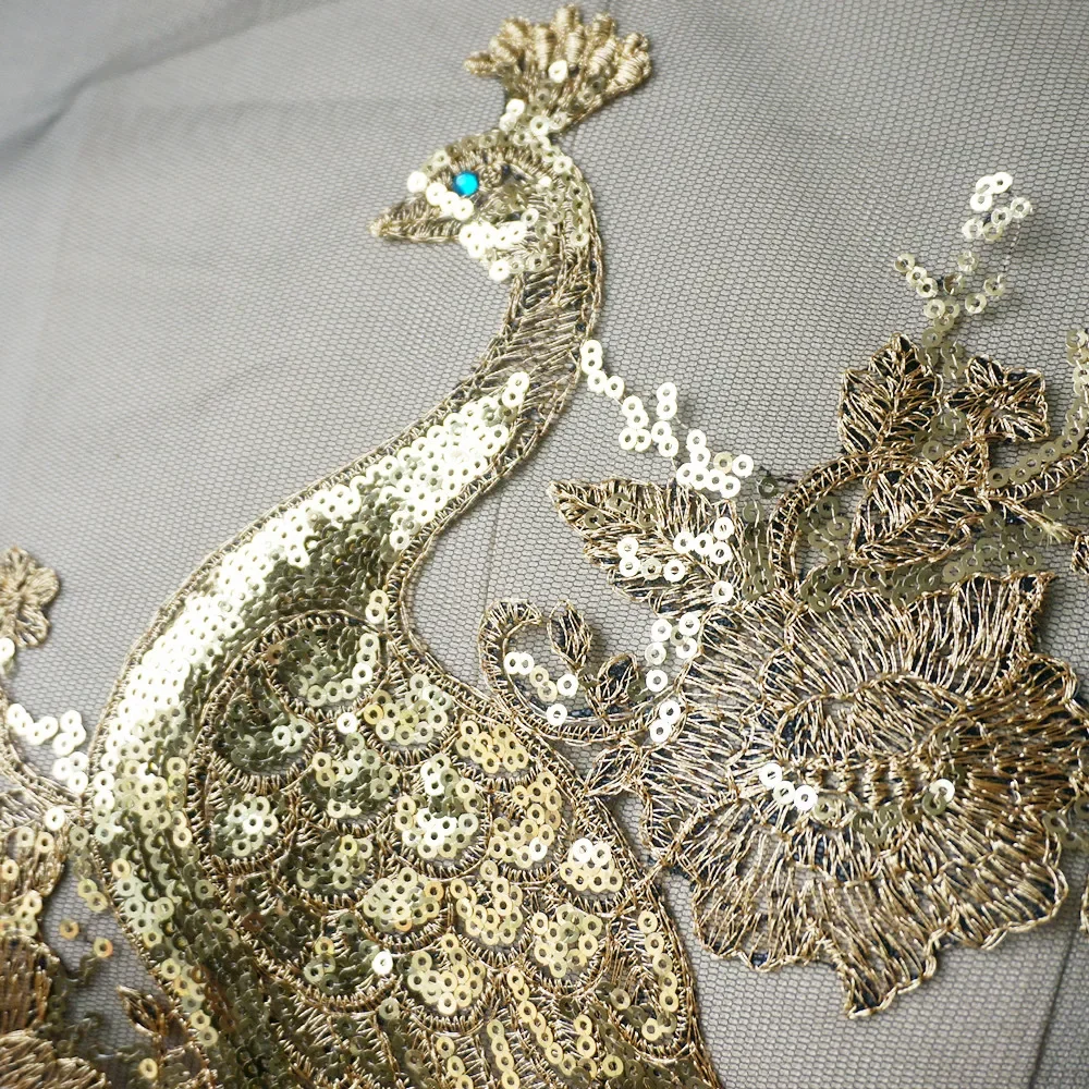 Gold Sequin Embroidered Peacock Birds Applique Lace Fabric Trimming Sewing Patch Wedding Gown Dress DIY Crafts