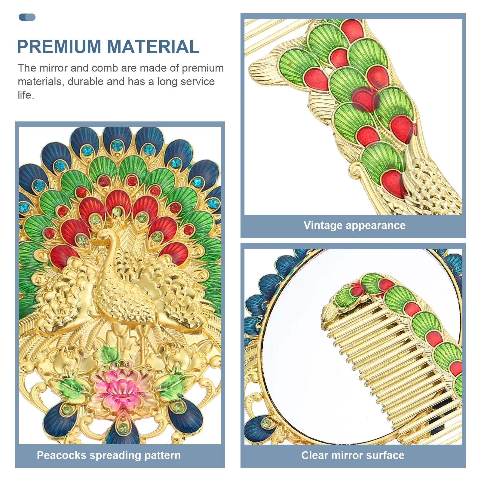 

1Set Handheld Vintage Makeup Mirror Peacocks Pattern Compact Portable Vanity Mirror Comb Set Retro Makeup Tool