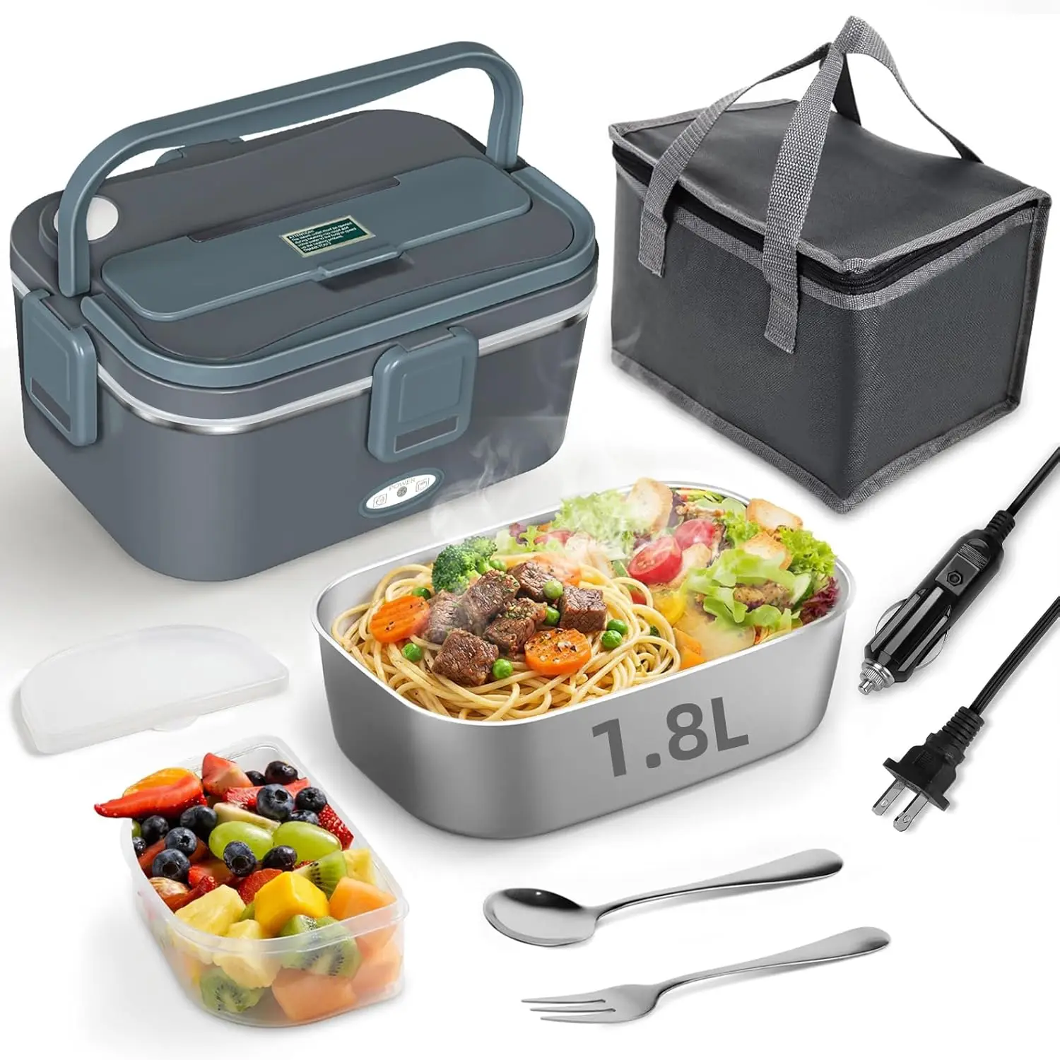 

80W Electric Lunch Box, 1.8L 304 Stainless Steel, Portable Food Warmer for Car/Truck/Work/Travel, 12V/24V/110V