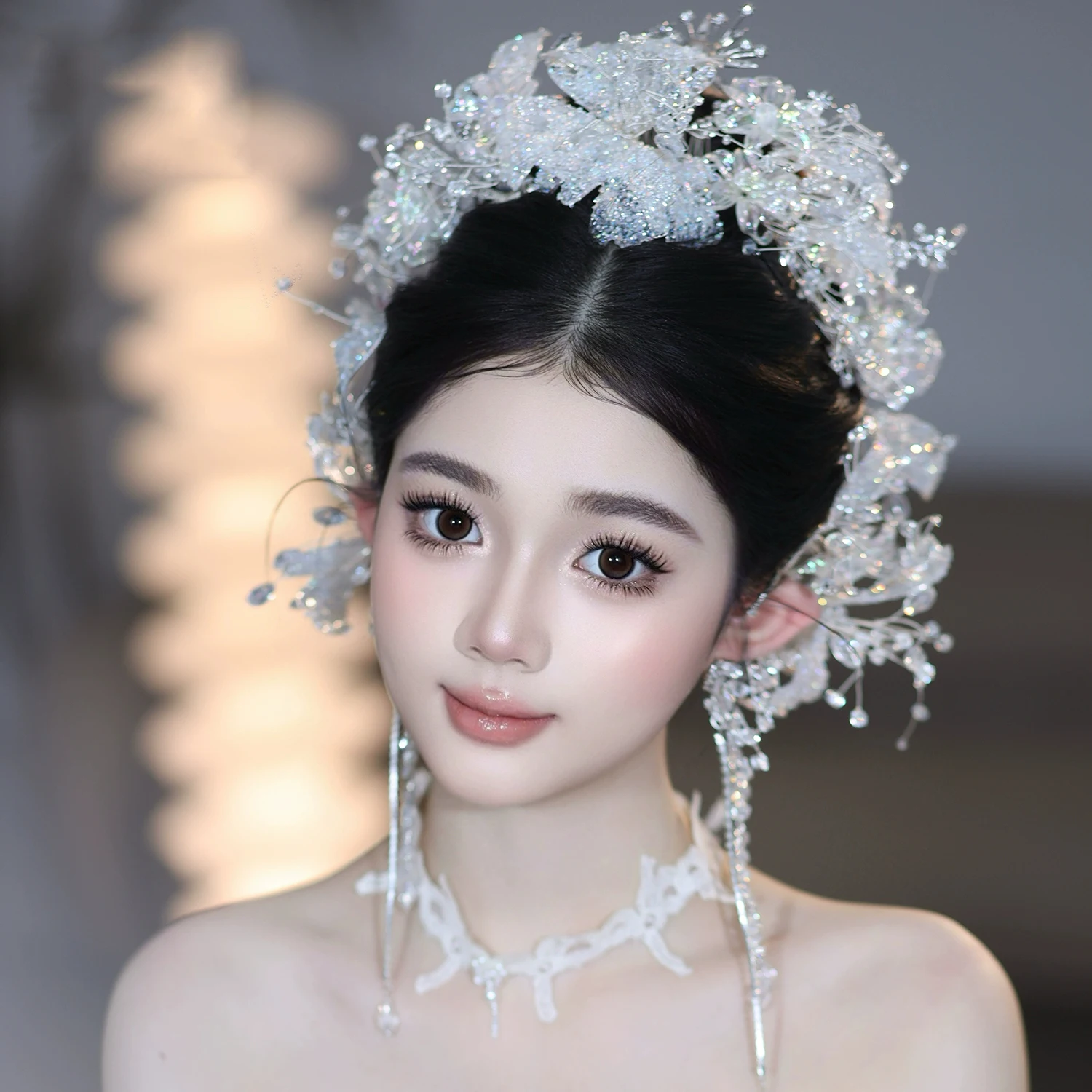 Princess Bridal Crown Headdress with Crystal Earrings Luxury Wedding Dress Makeup Butterfly Hair Accessory High-End Elegant
