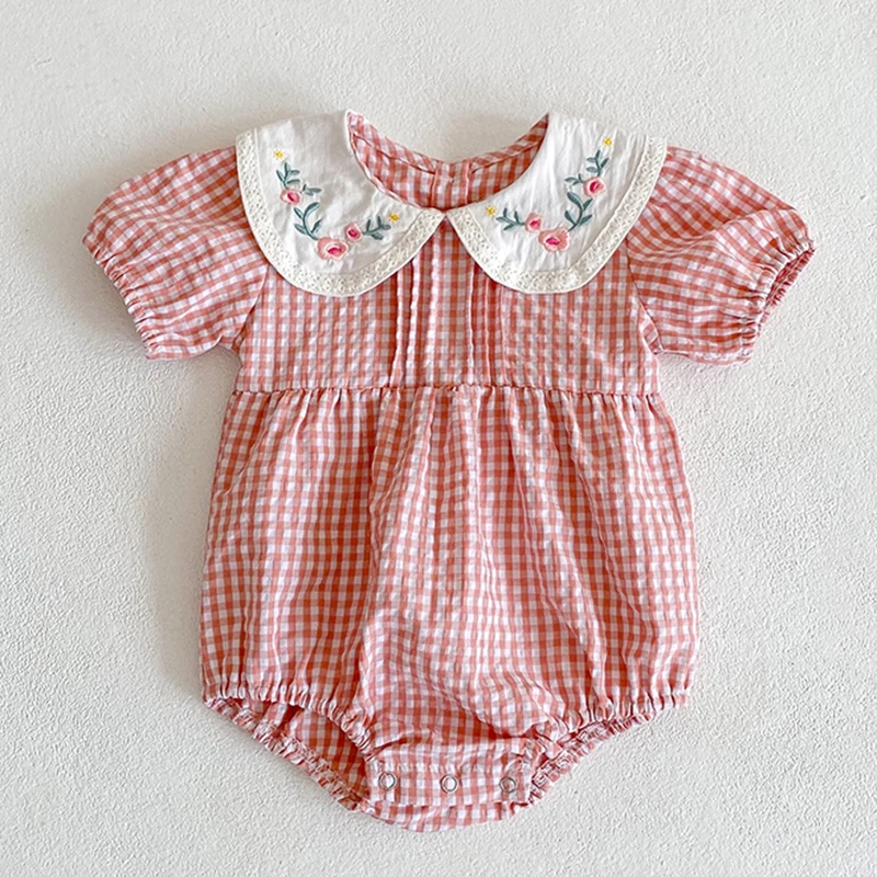 

Summer Newborn Baby Girl Jumpsuit Short Sleeved Cotton Plaid Embroidery Toddler Baby Girl Romper 0-24M Baby Clothing