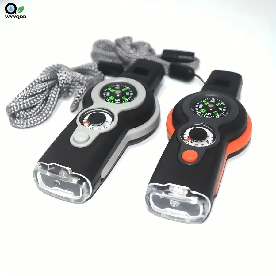

7 in 1 Emergency Safety Whistle with Lanyard Multifunctional Tool Multi-Functional LED Outdoor Compass Hiking Electronic Whistle