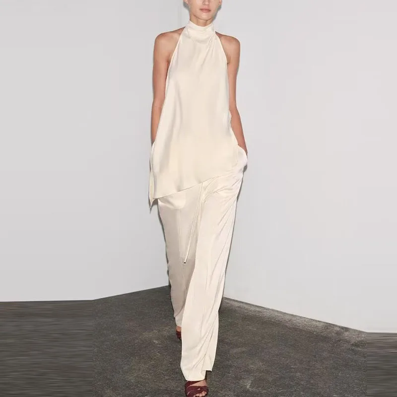 

Женский модный комплект весны 2025: широкие брюки с воротником, подвесной топ из полиэфирного волокна, студенческий orm Work