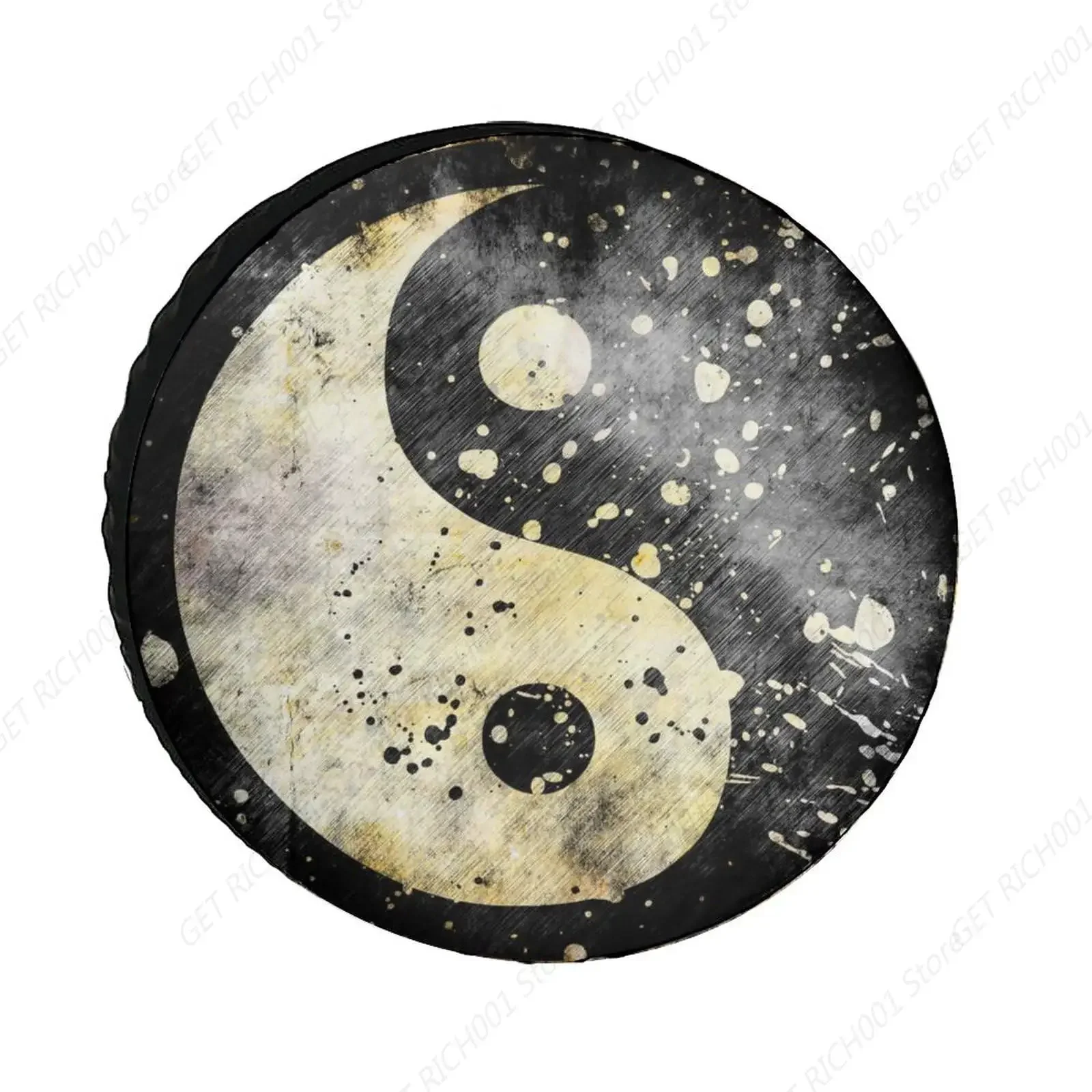 Retro Yin Yang Symbol on Grunge Background with Stains Waterproof Tire Cover, Universal Spare Wheel Oxford Dust-Proof Protectors