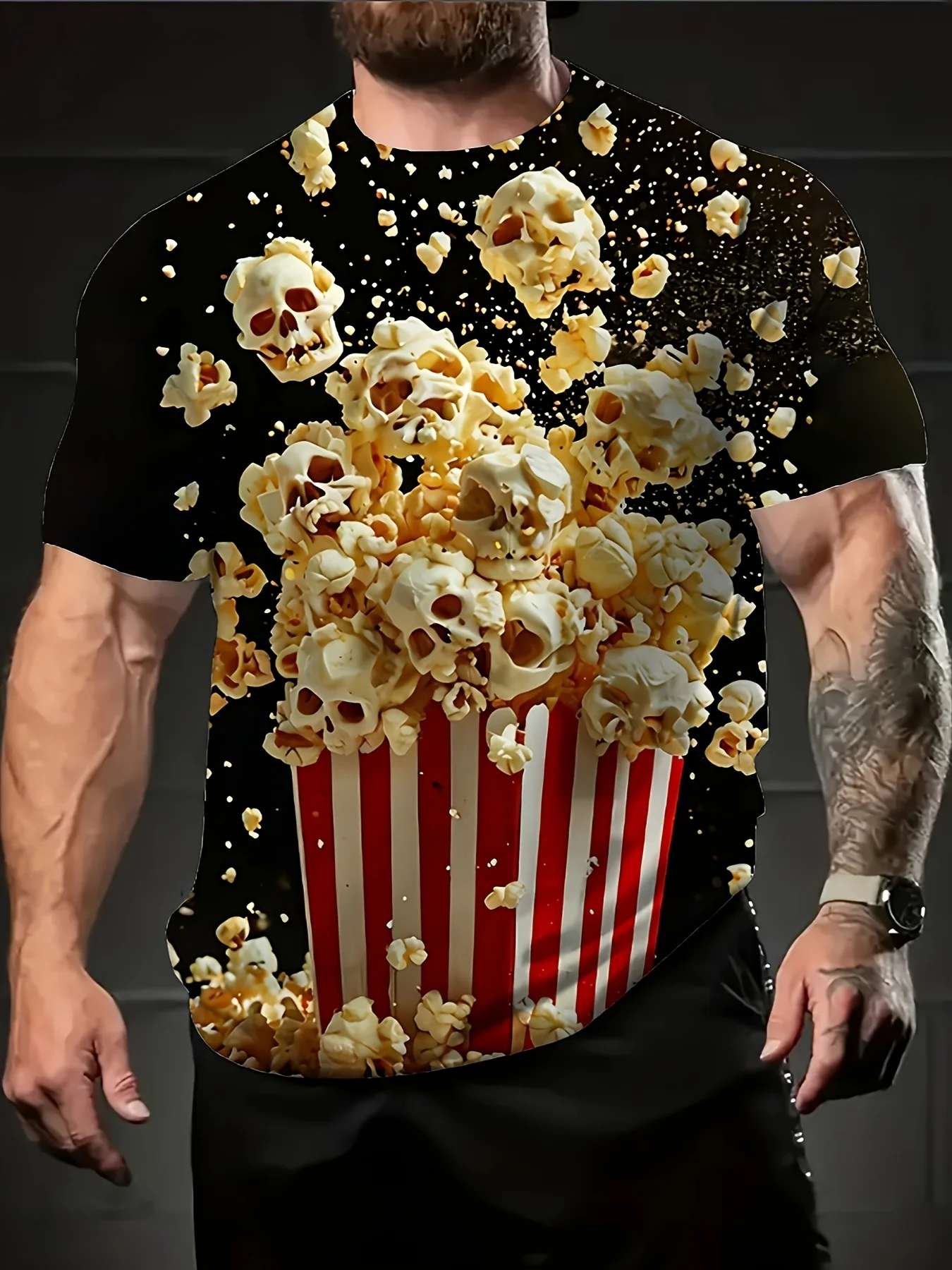 

Men'S 3D Printed Popcorn Casual T-Shirt Black with Colorful Popcorn & Skull Design Men's Clothing Everyday Tshirt Vintage Style