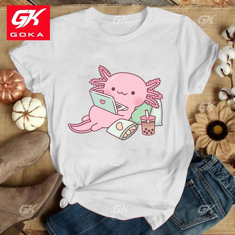 Premium Cottn T Shirts Hot Cute Axolotl Printed Tops Casual Top Summer Short Sleeve Harajuku Vintage Hip Hop Tees Unisex T Shirt