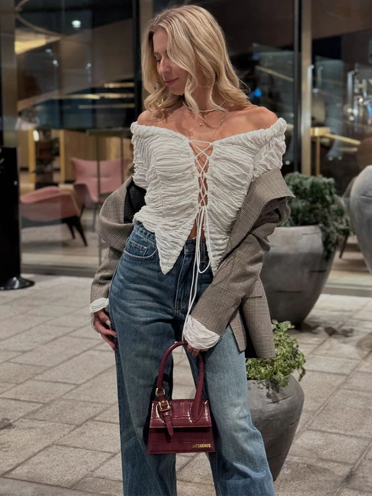 Trendix Hollow Lace Up T Shirts Autumn Fashion Ruffled Patchwork Loose Long Sleeve Tops Femme White Casual Sexy Clubwear Women