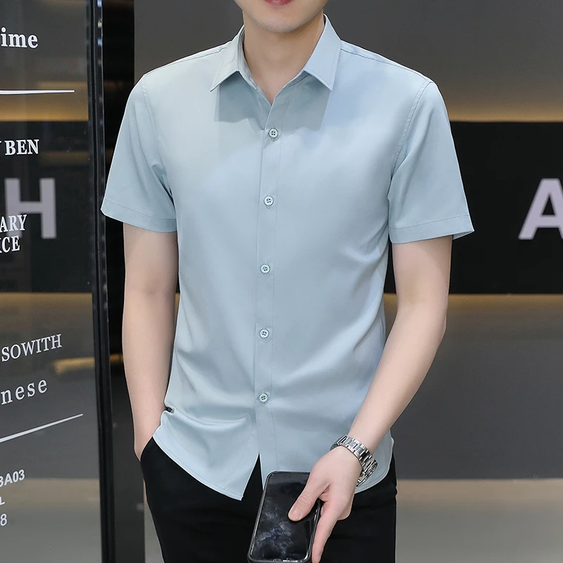 

Male Shirts Summer Short Sleeve Casual Business Thin Ice Silk Solid Color Breathable Plain Slim Fit Top