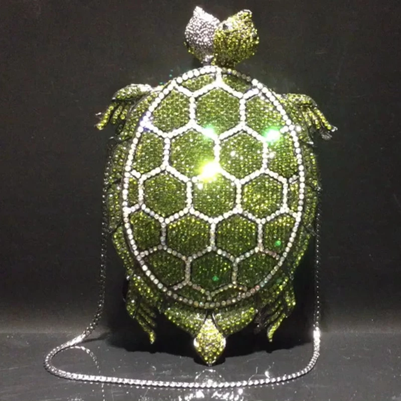 

Luxury Green Turtle Crystals Evening Bags Diamond Party Purse Animals Women Clutch Hard Case Metal Minaudiere Rhinestone Purses