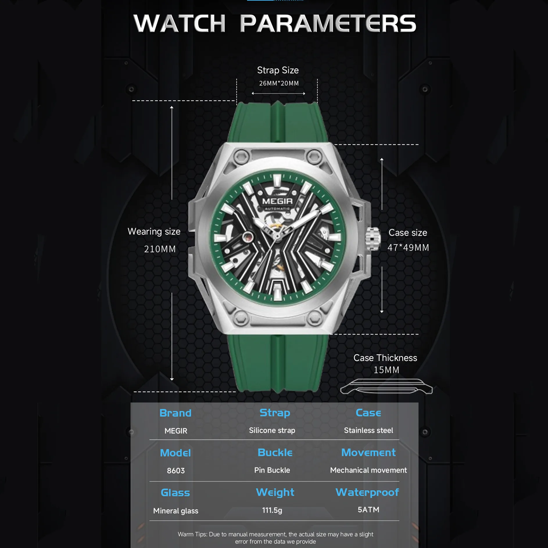 MEGIR New Stainless Steel Case Skeleton Mechanical Watch Waterproof Luminous Men Fully Automatic Wristwatch Silicone Strap Watch