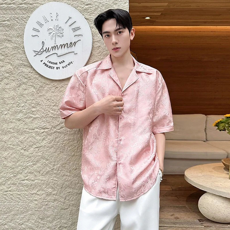 Jacquard Elegant Men's Shirt Pink Turn Down Collar Short Sleeve Casual Streetwear Loose Notched Blouse Top 9KVD