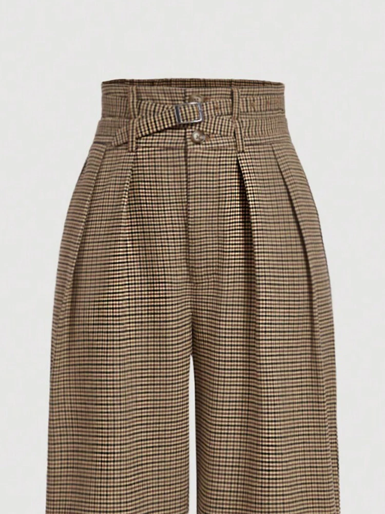 Damskie spodnie w kratę z szerokimi nogawkami, retro spodnie codzienne z wysokim stanem, spodnie cargo z paskiem