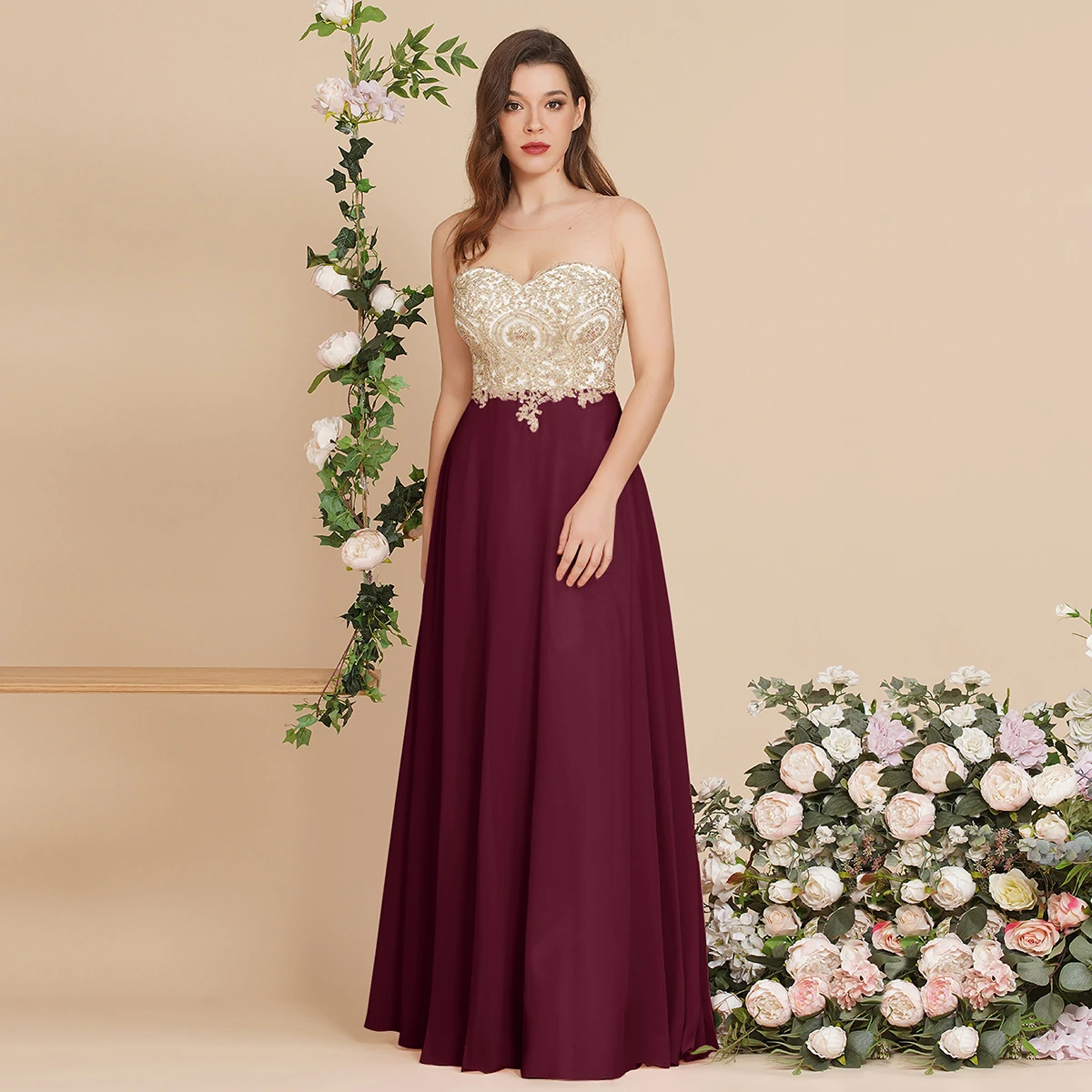 

BABYONLINE Милые иллюзорные платья для выпускного вечера с золотым кружевным лифом и элегантным шифоновым силуэтом трапециевидной формы для особых случаев