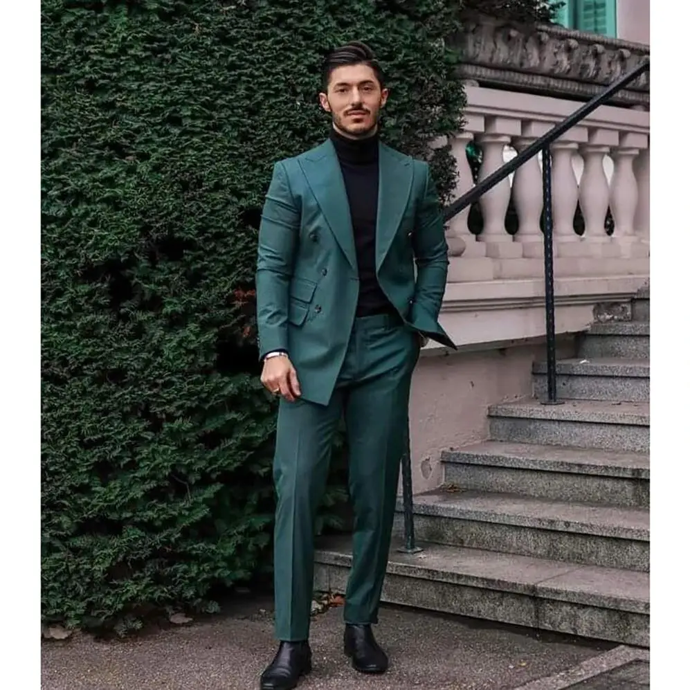 Handsome Green Double Breasted Men Suit Two Pieces(Jacket+Pants) Lapel Outfits Chic Casual Party Prom Wedding Set