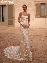 Charming Appliques 3D Flower Wedding Dress Long Sleeve Bride Robe Vintage Mermaid Long Bridal Gown Customized Robe De Mariée