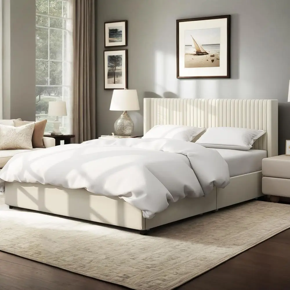 

Кровать-платформа с изголовьем из бархата цвета слоновой кости и местом для хранения, не требует пружинного блока, металлический каркас.