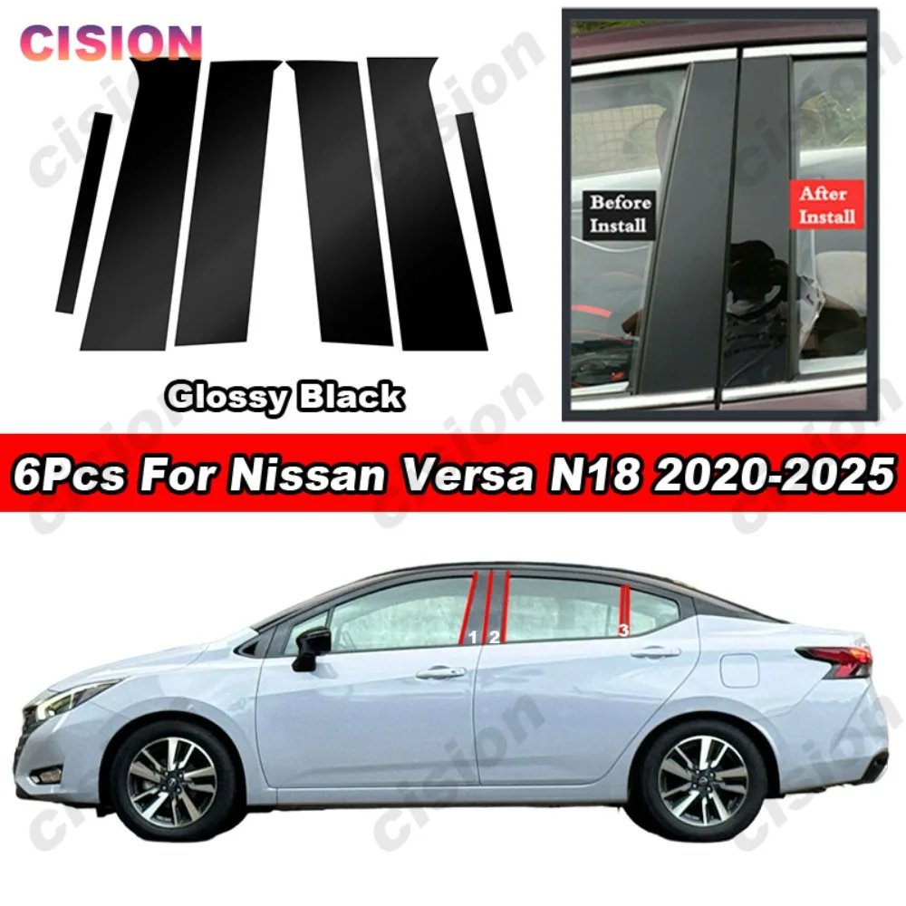 Glossy Carbon Fiber Black Chrome Door Window Center B C Pillar Post Middle Column Cover Trim Sticker For Nissan Versa 2020-2025