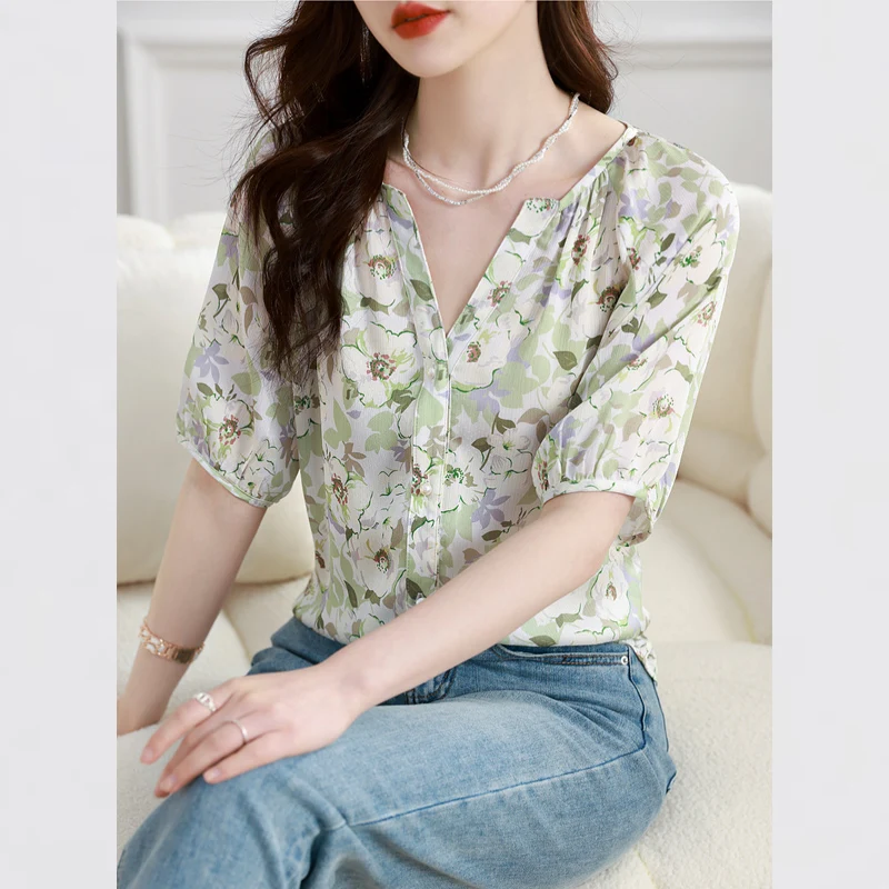 2024 Summer Floral Aesthetic Casual Loose Women's Clothes Y2K Short Sleeve V Neck Elegant Fashion Printretro Retro Kawaii Tpos