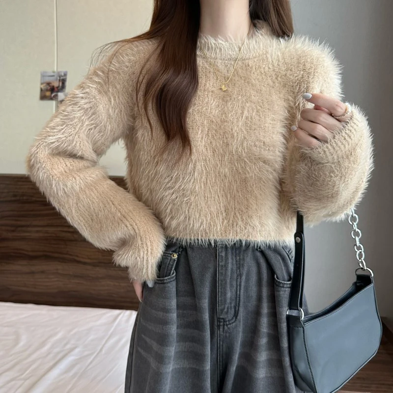 Female Korea Autumn And Winter New Foreign Style Thin Thickened Mink Velvet Pullover Short Knit Sweater Solid Colour Jumper