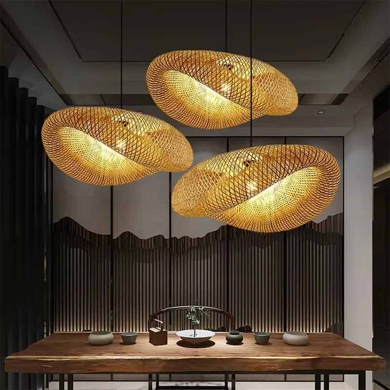 Rustic Bamboo Rattan Chandelier LED Art Deco Woven Basket Lampshade for Dining Room Living Room Home Decor Lighting Fixture