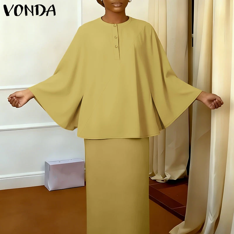 

VONDA Plus Size 5XL Fashion Women Long Flare Sleeve Blouse 2026 Casual Solid Color Shirts Round Neck Elegant Office Oversize Top