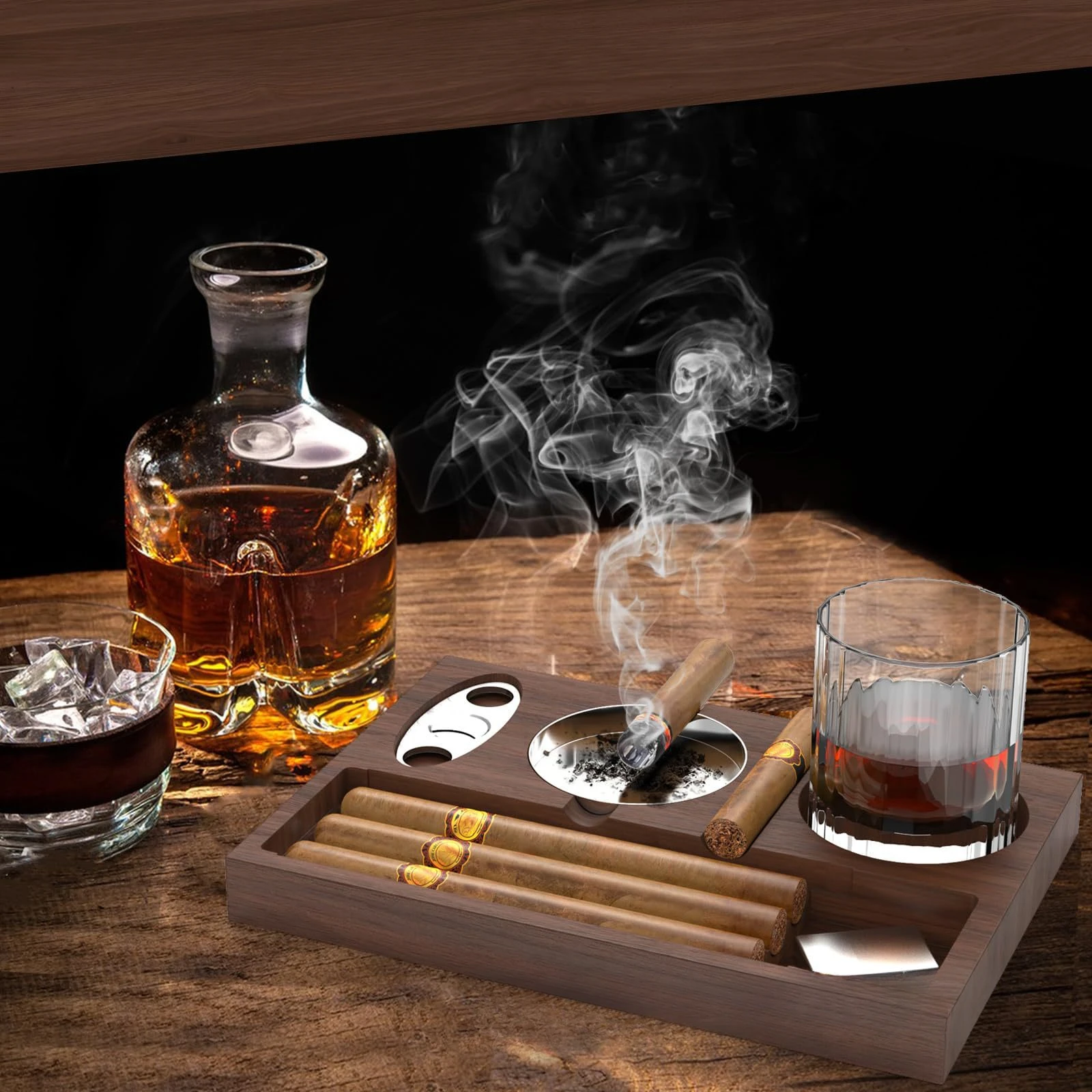 Multi-functional Wooden Ashtray European Table Cigar Tray Home Indoor Decoration Whiskey Glass Holder Ashtray Decoration Plate