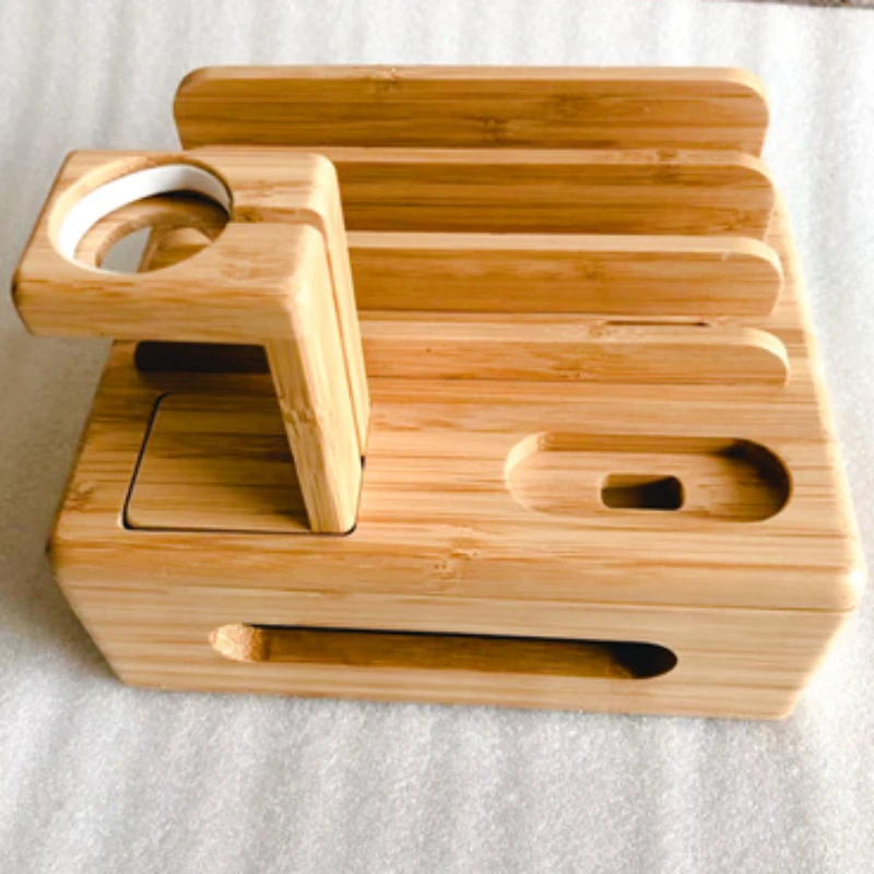 Simple Phone and Tablet Stand, Charging Organizer, Partitioned Large Capacity, Natural Bamboo Smooth Polished, Safe to Touch