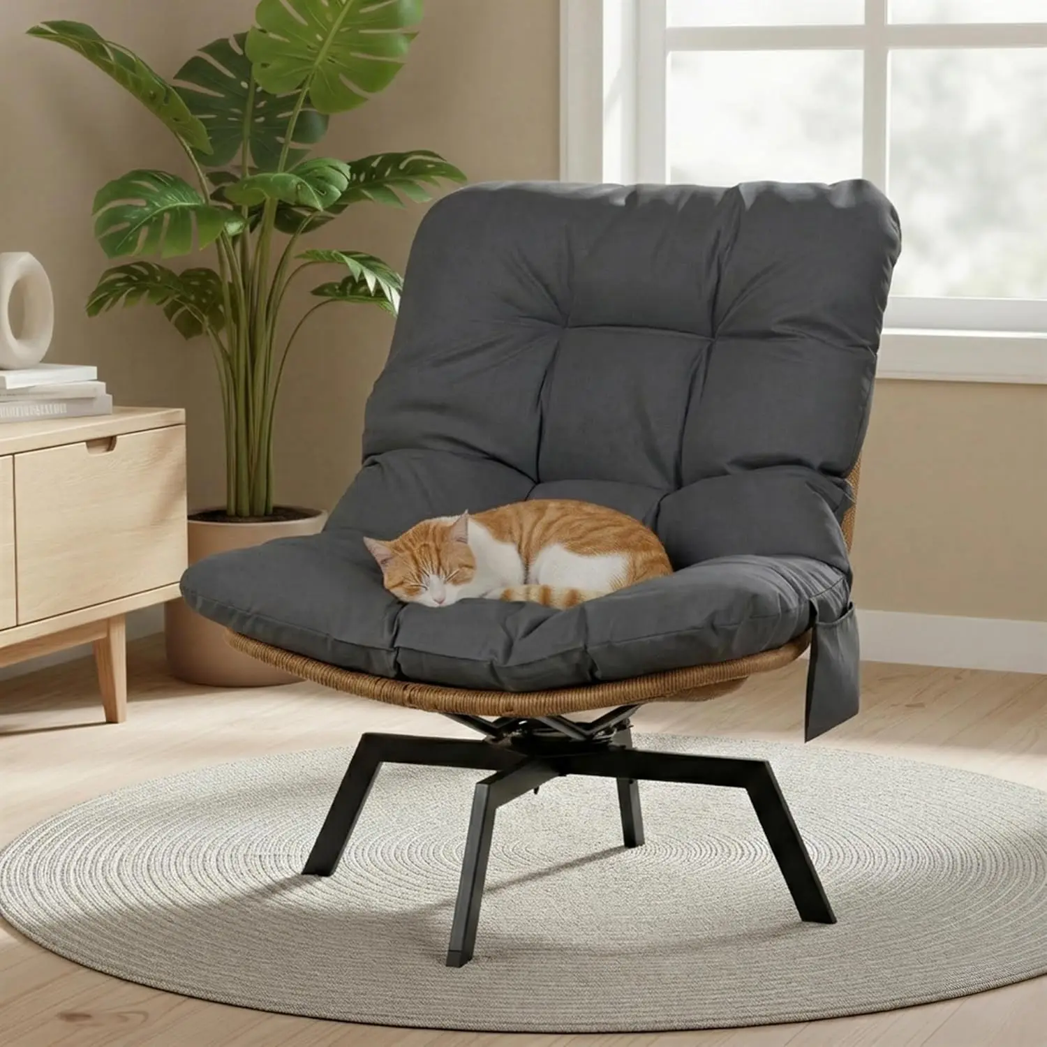 

Современное плетеное кресло-папасан с поворотным механизмом для гостиной, с увеличенным сиденьем и подушкой, металлический каркас, на заказ