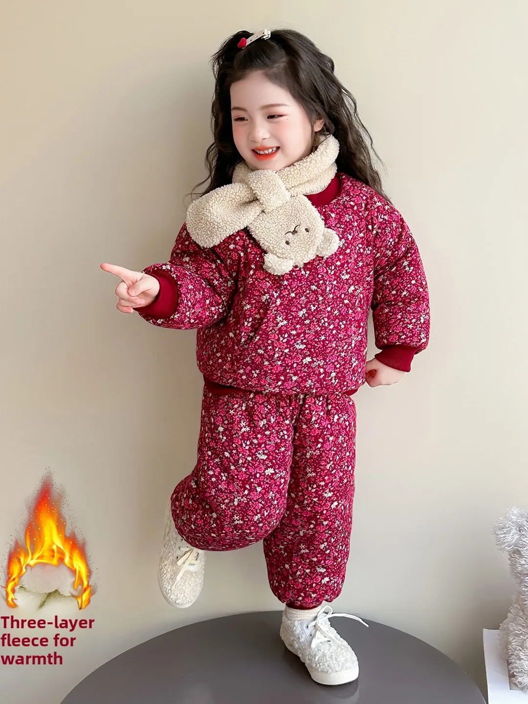 

Girls Winter Thiened Fce Lined Floral Cotton Jaet And Pants Two Piece Set Warm Tee Layer Children's Clothing Outfit