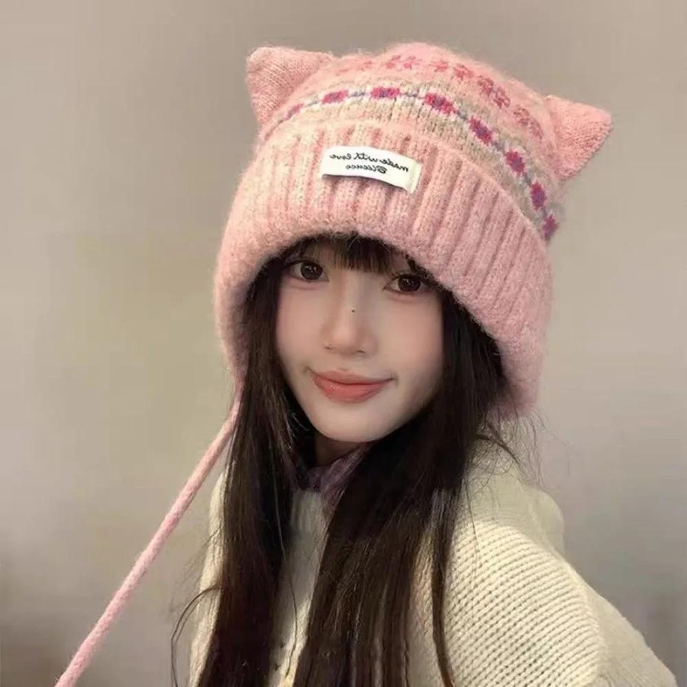 Fashion Cat Ear Knitted Woolen Cap Windproof Thickened Ear Protection Cap Fell Island Style Keep Warm Strap Beanie Hat Winter