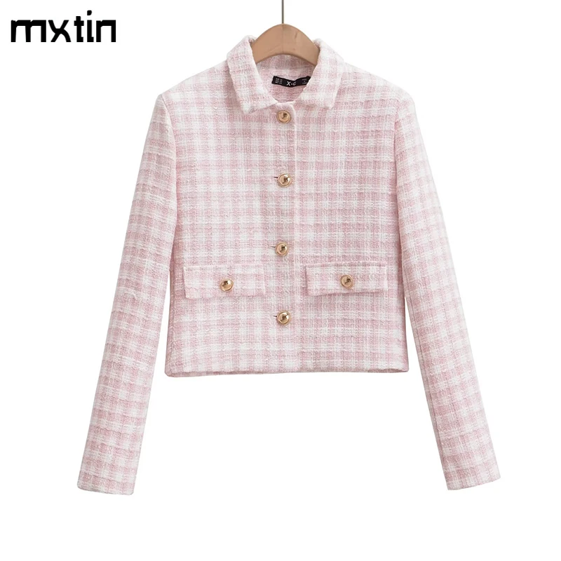 Women\'s Jacket Autumn Vintage Tweed Blazers Coats Fashion Single-breast Pink Plaid Suit Female New in Outerwears Clothing Top