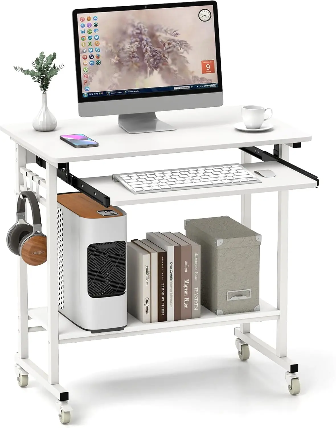 

Rolling Computer Desk Cart with Keyboard Tray, Mobile Portable Laptop PC Desk with CPU Stand & 3 Hooks for Sofa & Bed, C