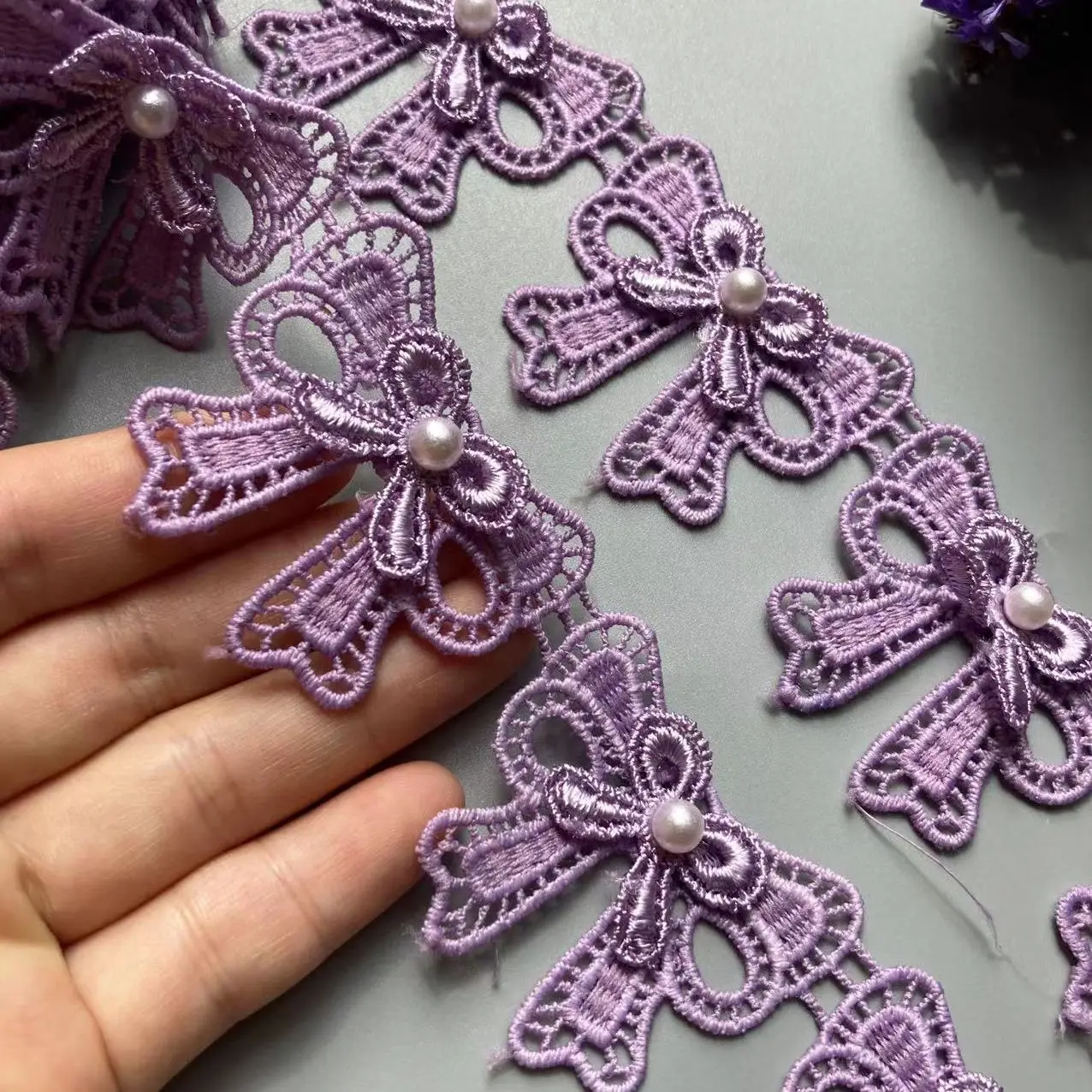 

2 Yard Purple Butterfly Bowknot Pearl Embroidered Lace Trim Ribbon Fabric Sewing Craft Patchwork Handmade For Costume Decoration