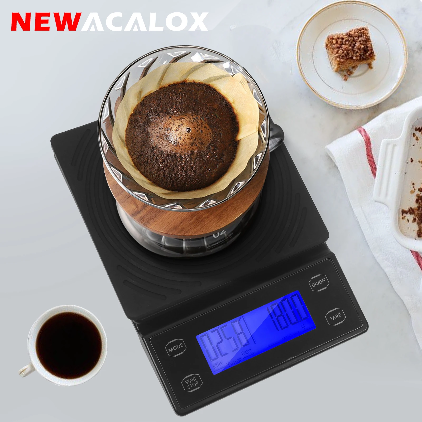 

NEWACALOX Кофейные весы с таймером 0,1 г Высокоточные кухонные весы с сенсорным ключом и силиконовой крышкой для эспрессо/Pour-Over