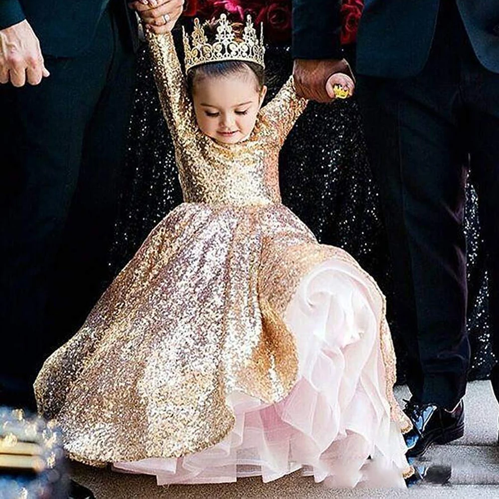 Golden Flower Girl Dress Sequin Baby Girl Princess Puffy Wedding Party Dress Princess Birthday Dress for Girls Detachable Sleeve