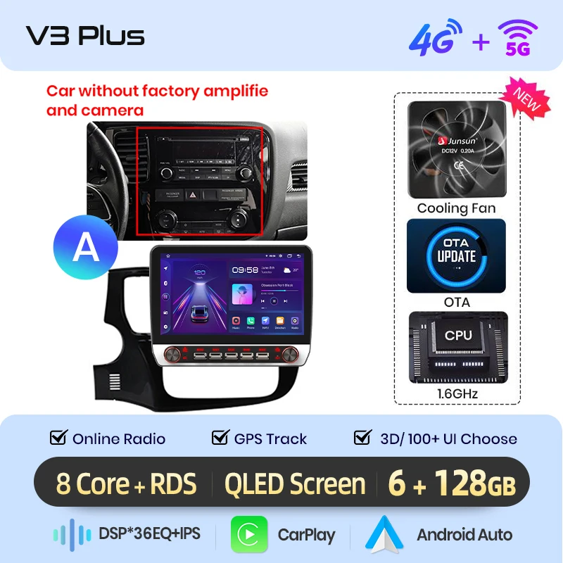 Junsun 13.1″ QLED Draadloze CarPlay Android Auto Autoradio Voor Mitsubishi Outlander 3 2012-2018 Intelligente Systemen DSP SWC RDS