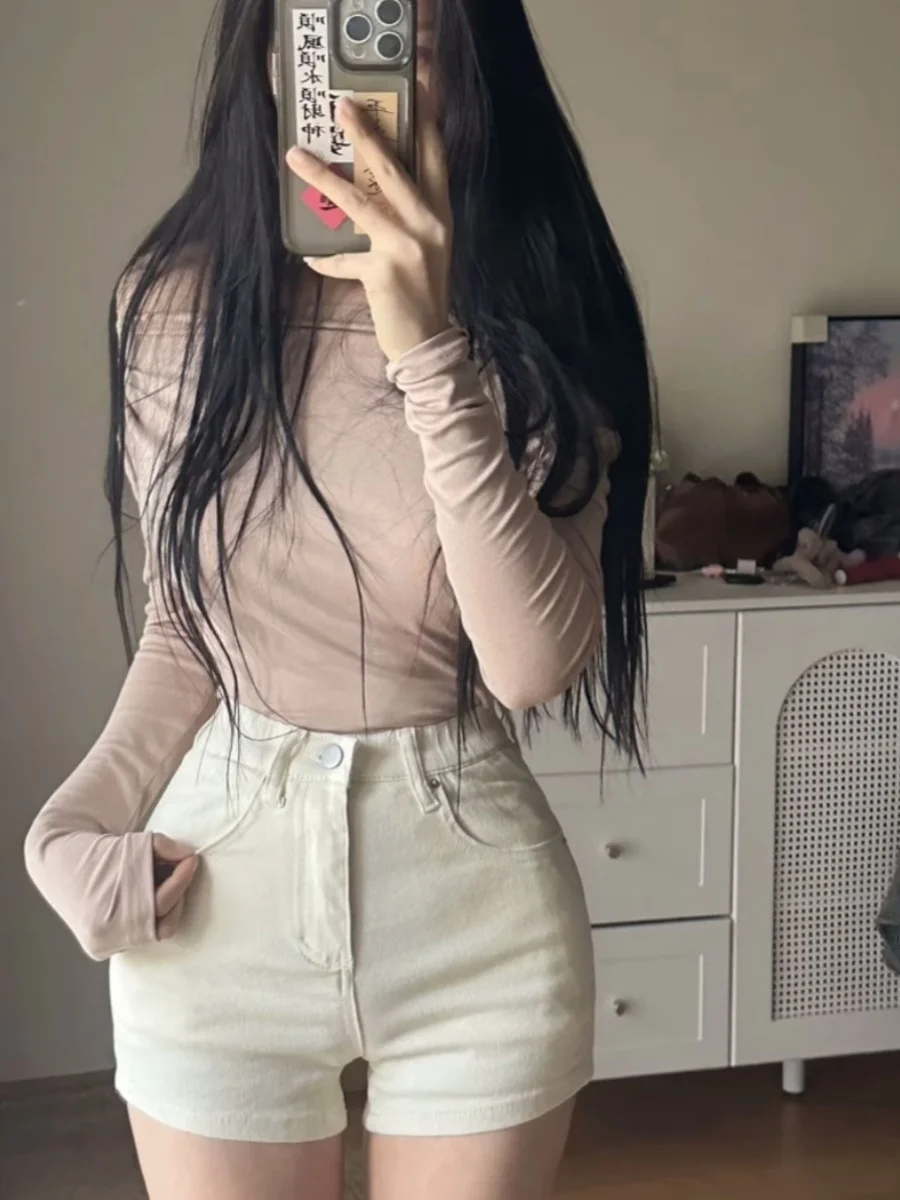 شورت جينز نسائي عالي الخصر، مثير ونحيف مع حشوة لرفع المؤخرة، تصميم أمريكي جريء بلون أزرق فاتح #1