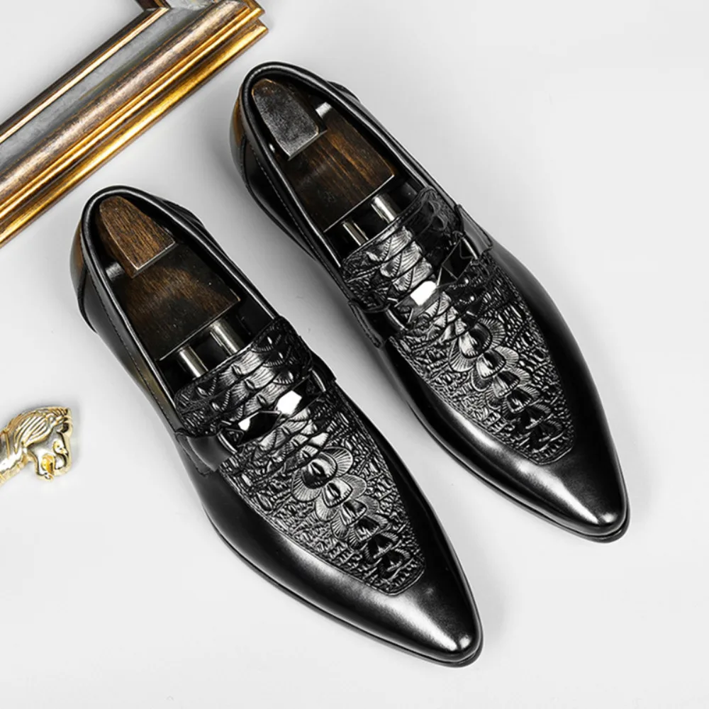 New Arrival Pointed Toe Crocodile Embossed Breathable Leather Mens Formal Business Shoes Fashion Trendy Dress Shoes for Men
